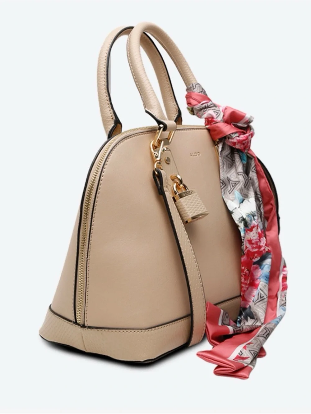 ALDO Beige Satchel with Coral Floral Scarf Accent